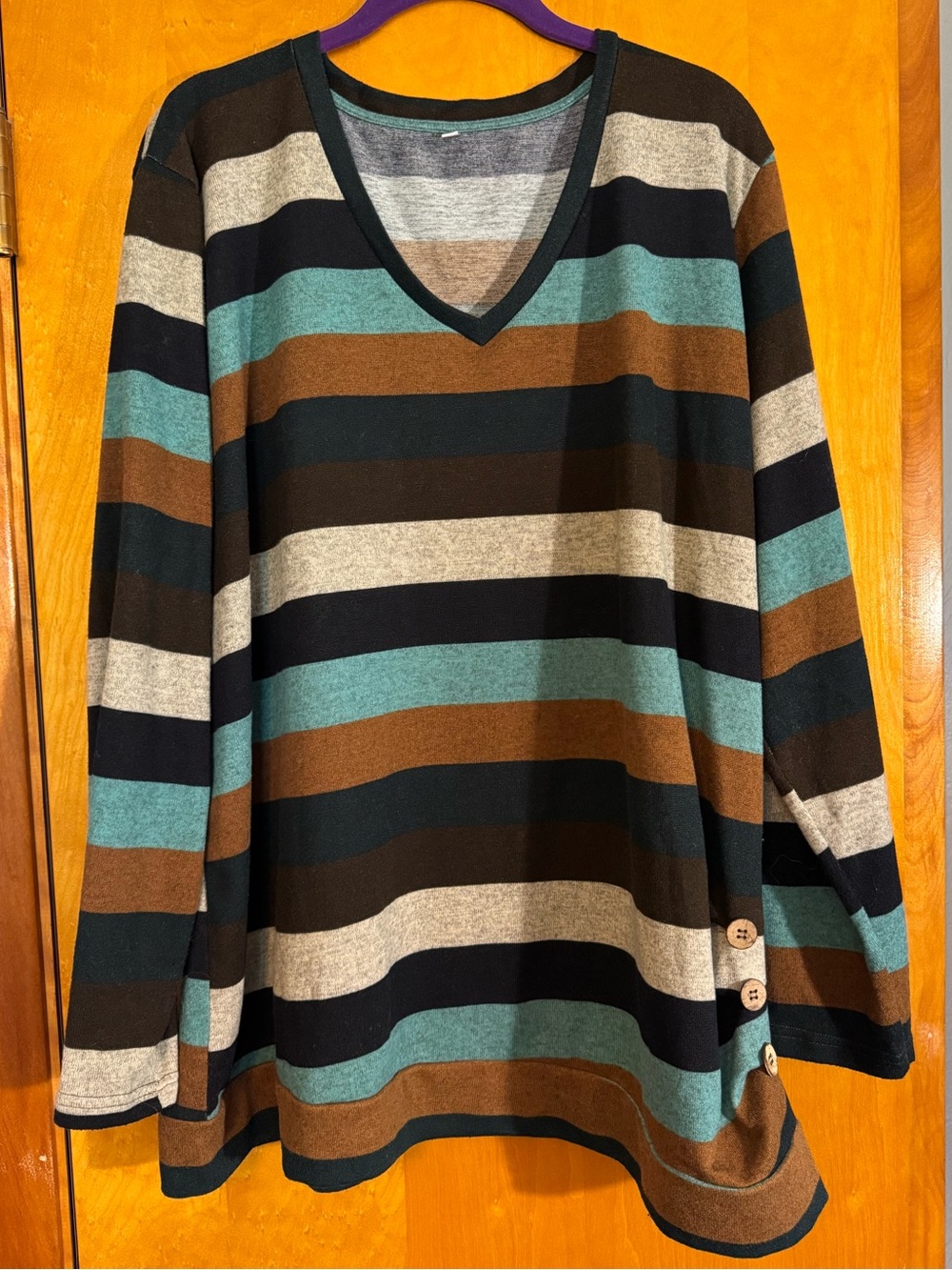 Women’s V-Neck Striped Sweater in Teal, Brown & Navy